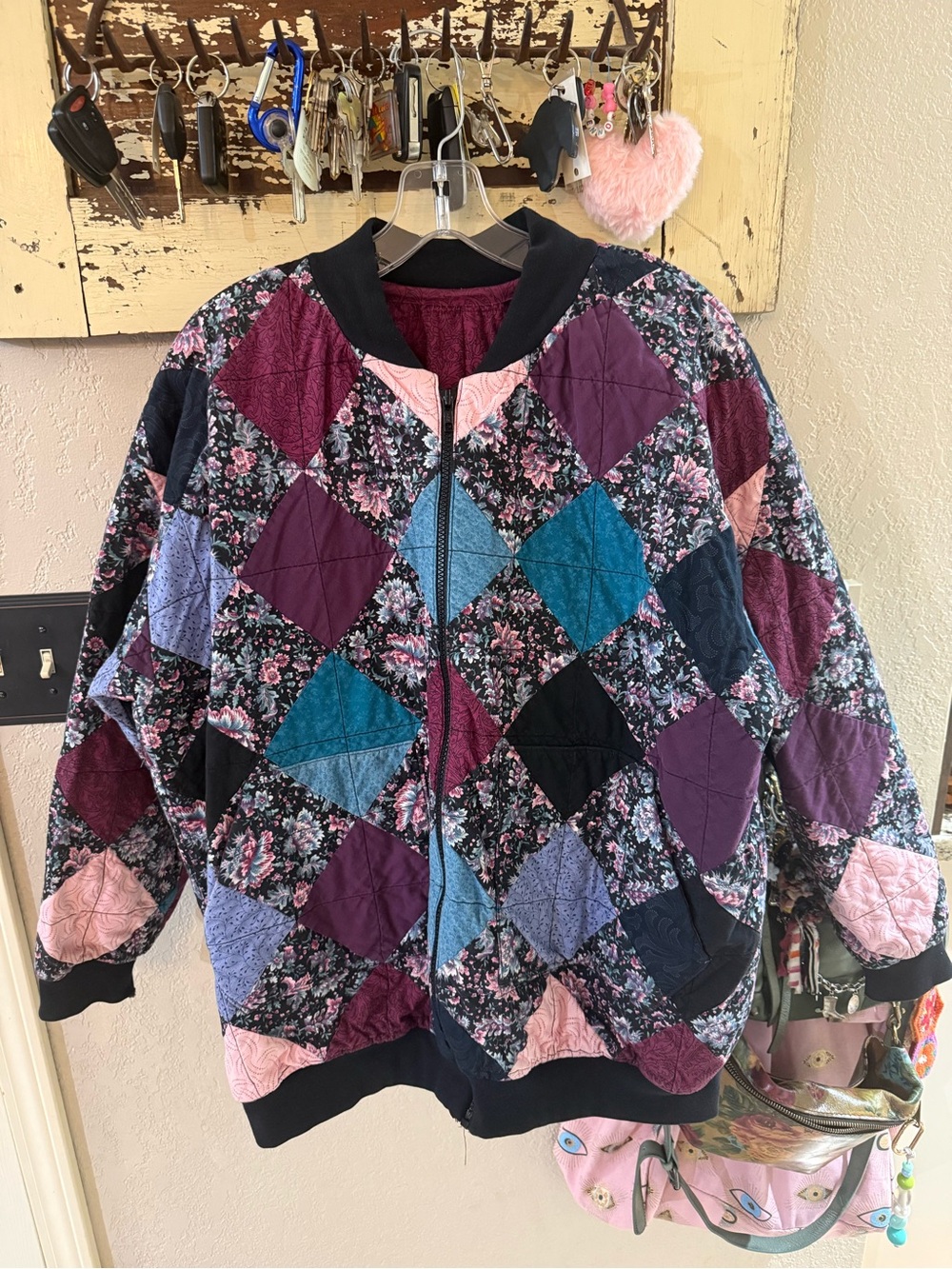 Quilted Patchwork Bomber Jacket - Purple Multi